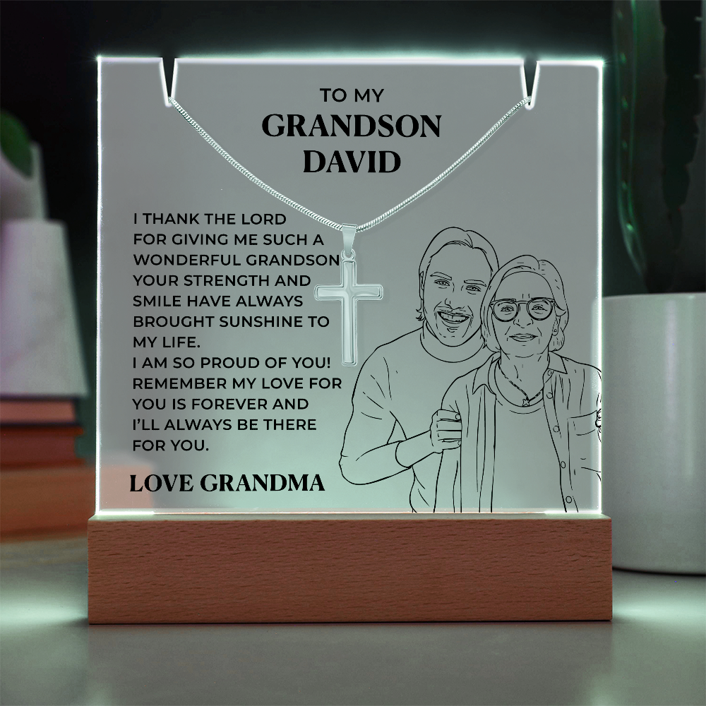 Grandson Gift from Grandma – Cross Necklace with Sentimental Acrylic Message