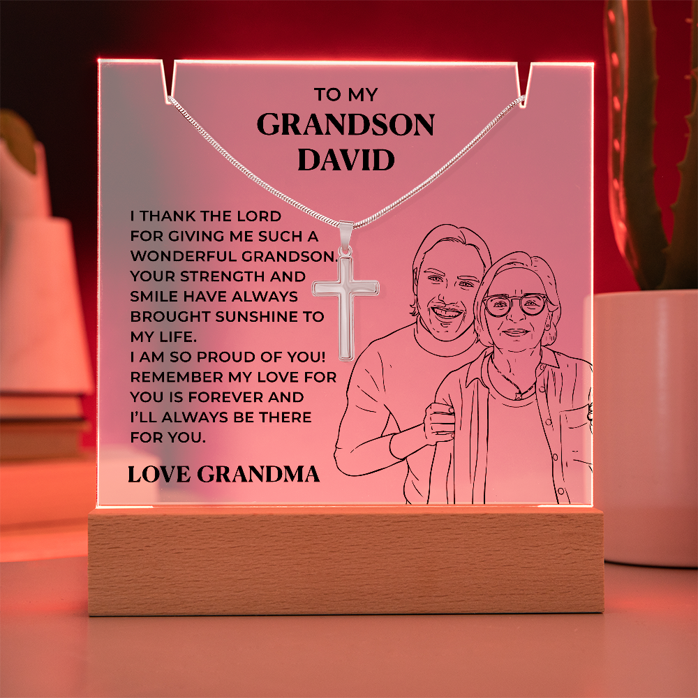 Grandson Gift from Grandma – Cross Necklace with Sentimental Acrylic Message