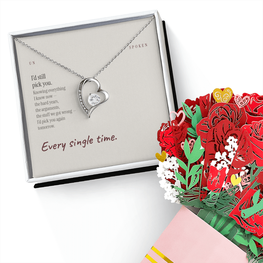 I’d Still Pick You message card, Forever Love Necklace & Sweetest Devotion Flower Bouquet