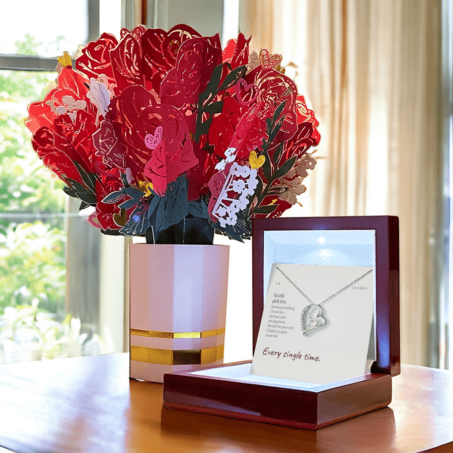 I’d Still Pick You message card, Forever Love Necklace & Sweetest Devotion Flower Bouquet