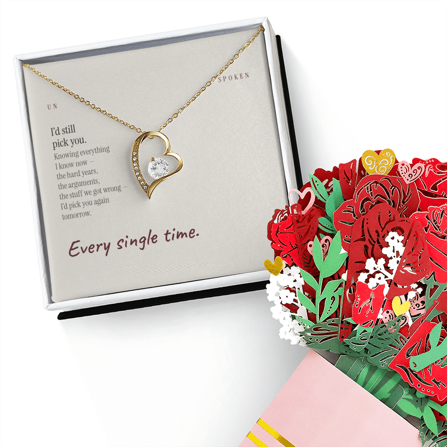 I’d Still Pick You message card, Forever Love Necklace & Sweetest Devotion Flower Bouquet