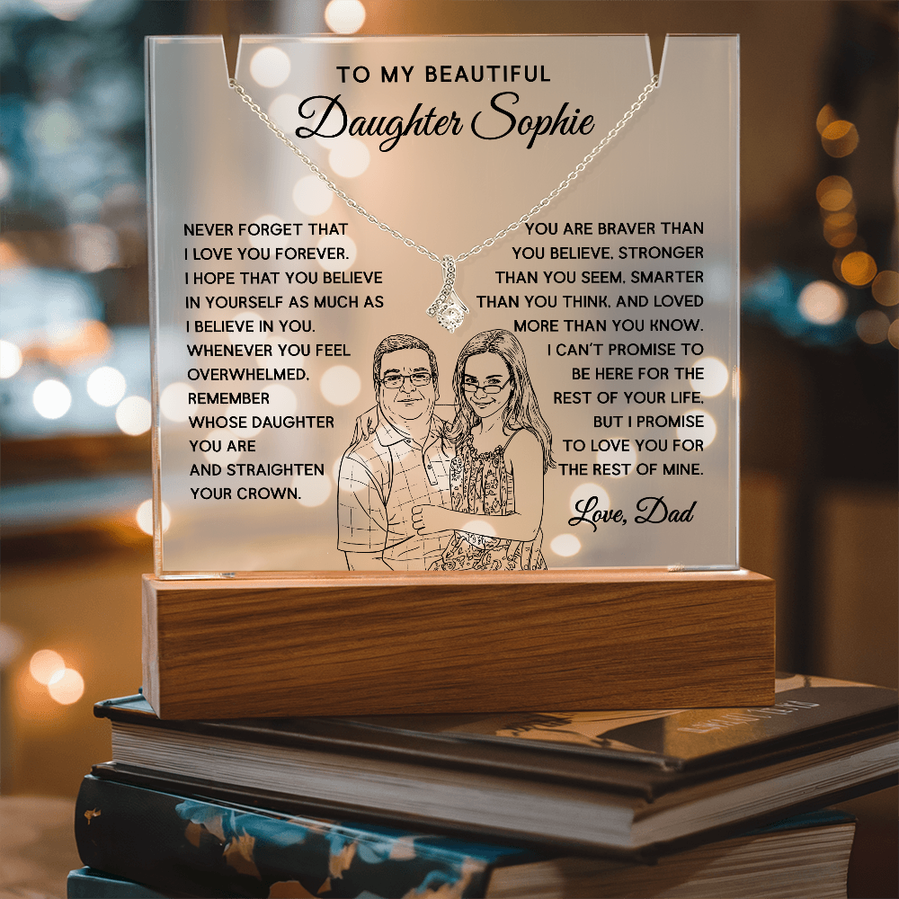 Father's Gift to Daughter – LED Acrylic Light & Necklace with Custom Drawing