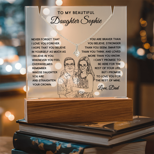 Father's Gift to Daughter – LED Acrylic Light & Necklace with Custom Drawing