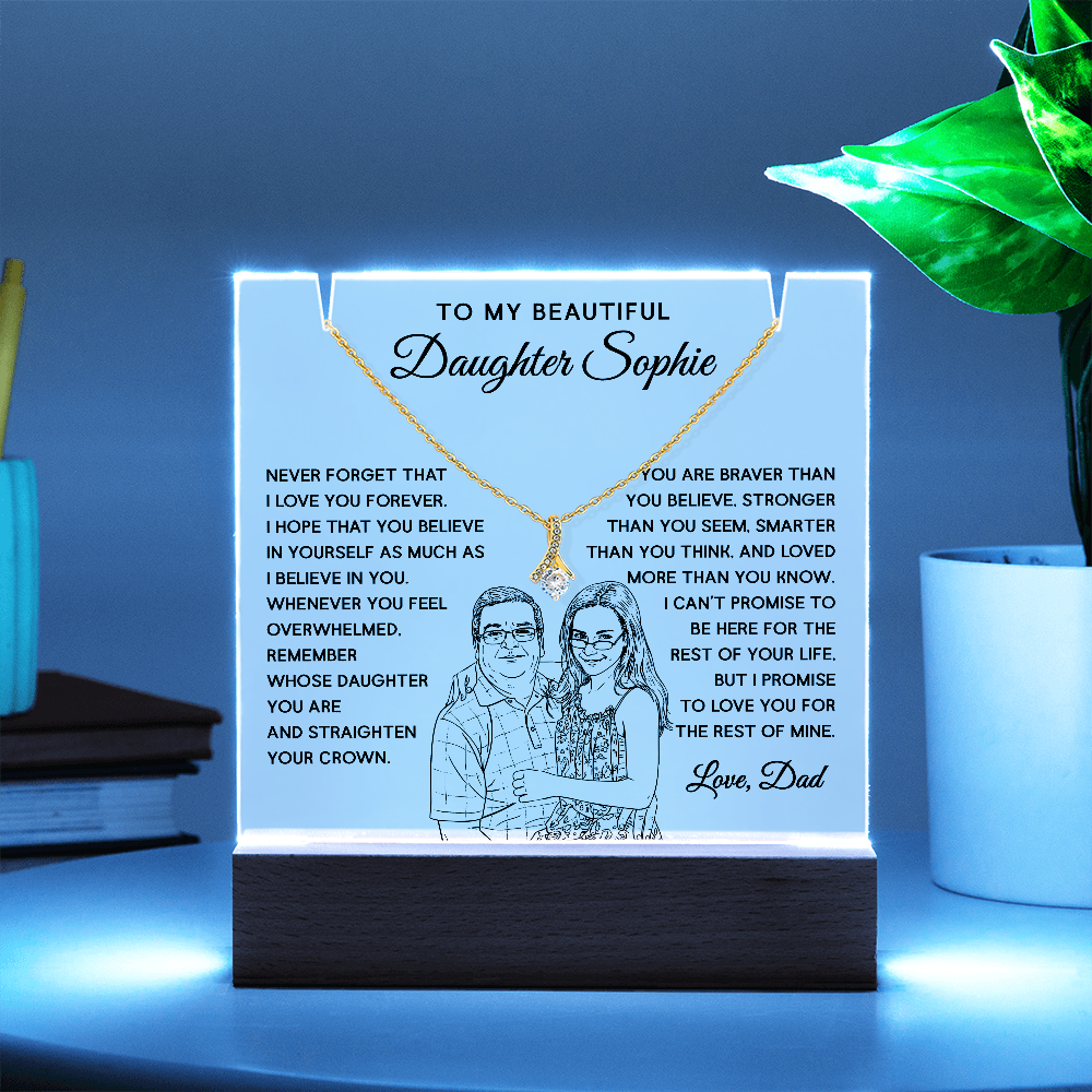 Father's Gift to Daughter – LED Acrylic Light & Necklace with Custom Drawing
