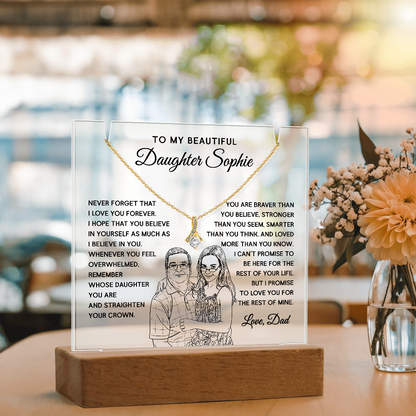 Father's Gift to Daughter – LED Acrylic Light & Necklace with Custom Drawing