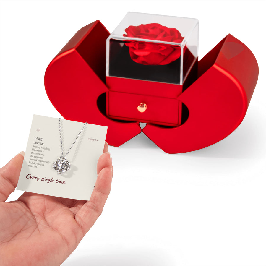 I’d Still Pick You message card, Love Knot Necklace with Red Heart Rose Box