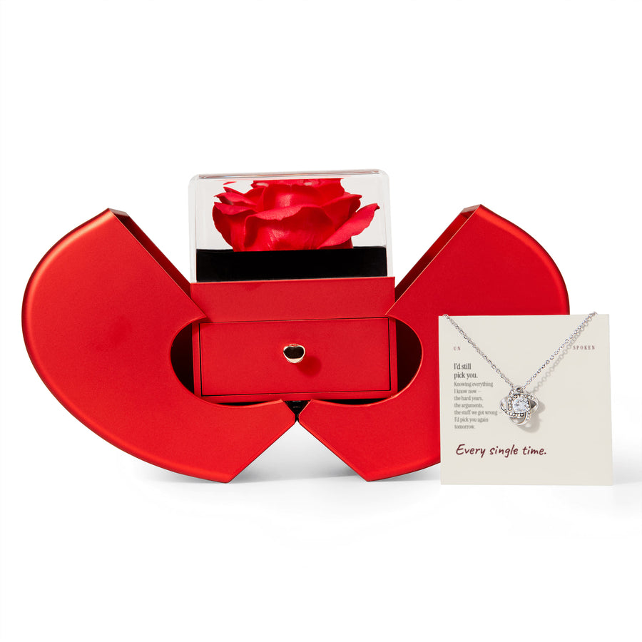 I’d Still Pick You message card, Love Knot Necklace with Red Heart Rose Box
