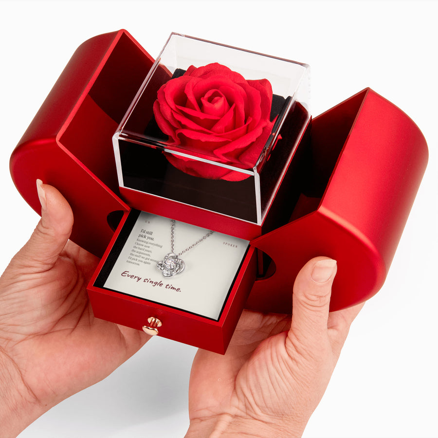 I’d Still Pick You message card, Love Knot Necklace with Red Heart Rose Box