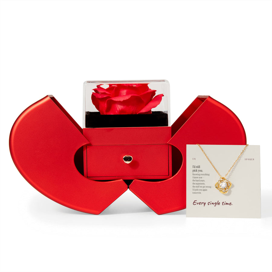 I’d Still Pick You message card, Love Knot Necklace with Red Heart Rose Box