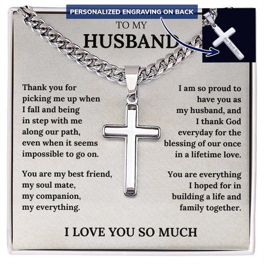 Wife to Husband Cross Necklace – Engraved Christian Gift with Love Message Card