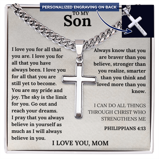 To My Son Cross Necklace – Christian Gift from Mom with Inspirational Bible Verse