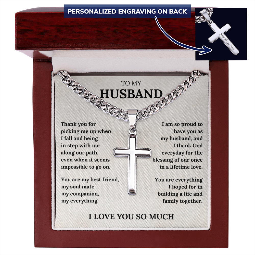 Wife to Husband Cross Necklace – Engraved Christian Gift with Love Message Card