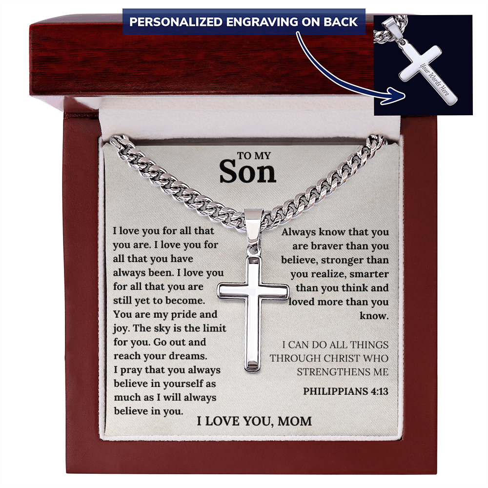 To My Son Cross Necklace – Christian Gift from Mom with Inspirational Bible Verse