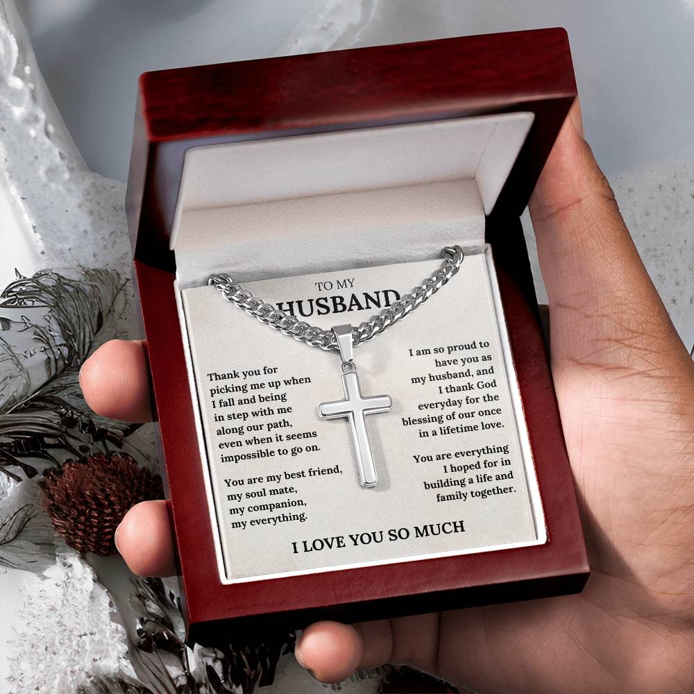 Wife to Husband Cross Necklace – Engraved Christian Gift with Love Message Card