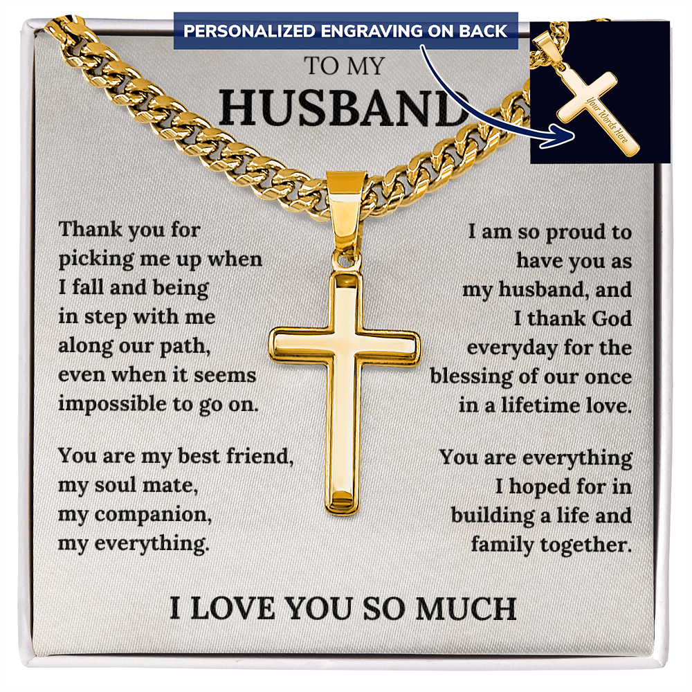 Wife to Husband Cross Necklace – Engraved Christian Gift with Love Message Card