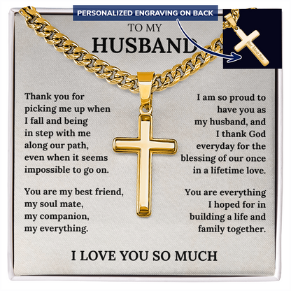 Wife to Husband Cross Necklace – Engraved Christian Gift with Love Message Card