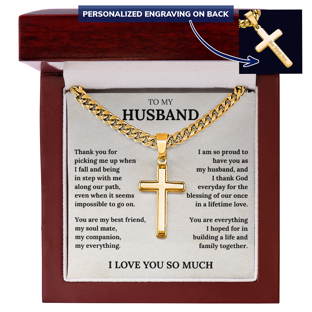 Wife to Husband Cross Necklace – Engraved Christian Gift with Love Message Card