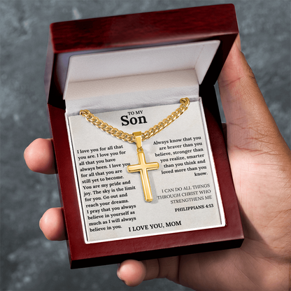 To My Son Cross Necklace – Christian Gift from Mom with Inspirational Bible Verse