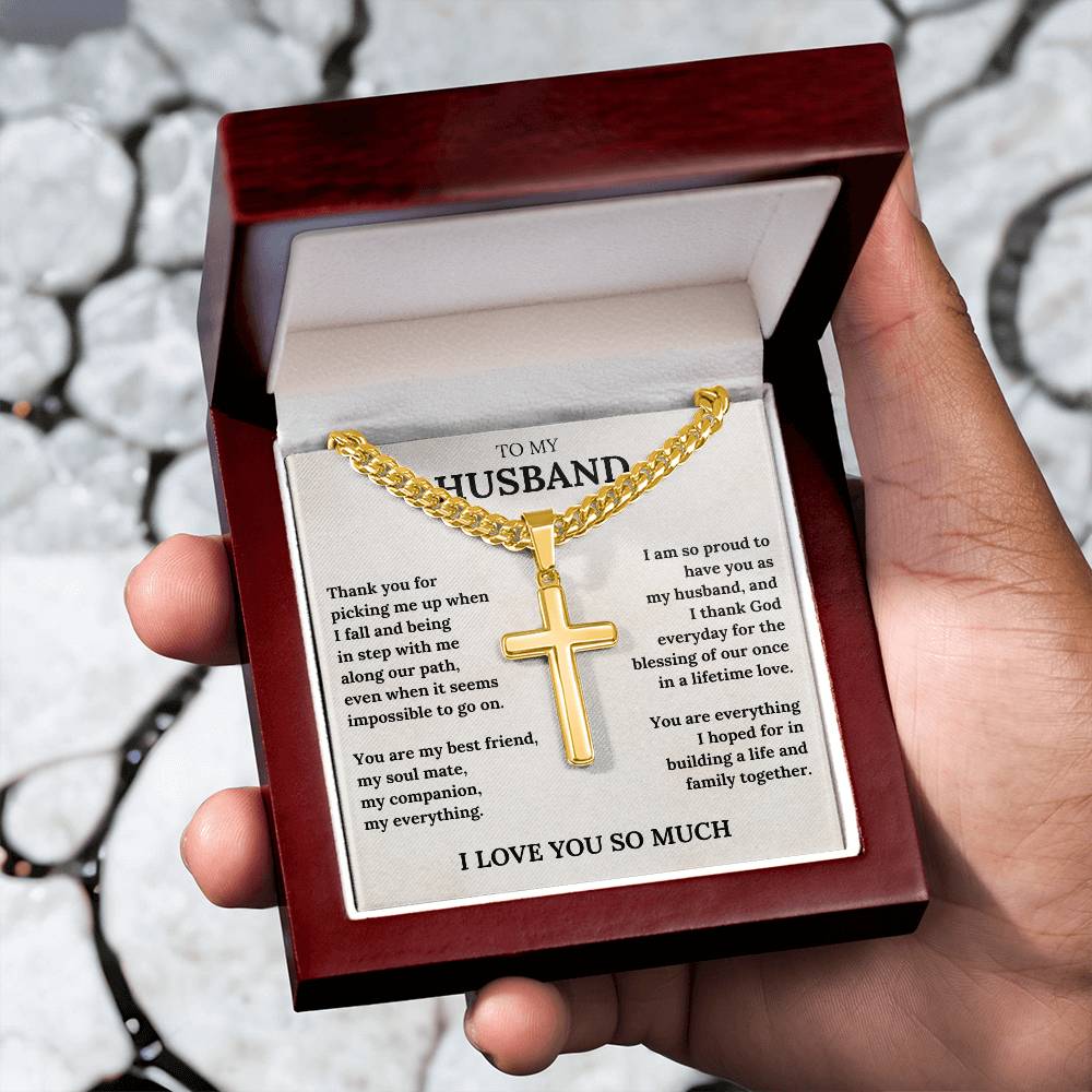 Wife to Husband Cross Necklace – Engraved Christian Gift with Love Message Card