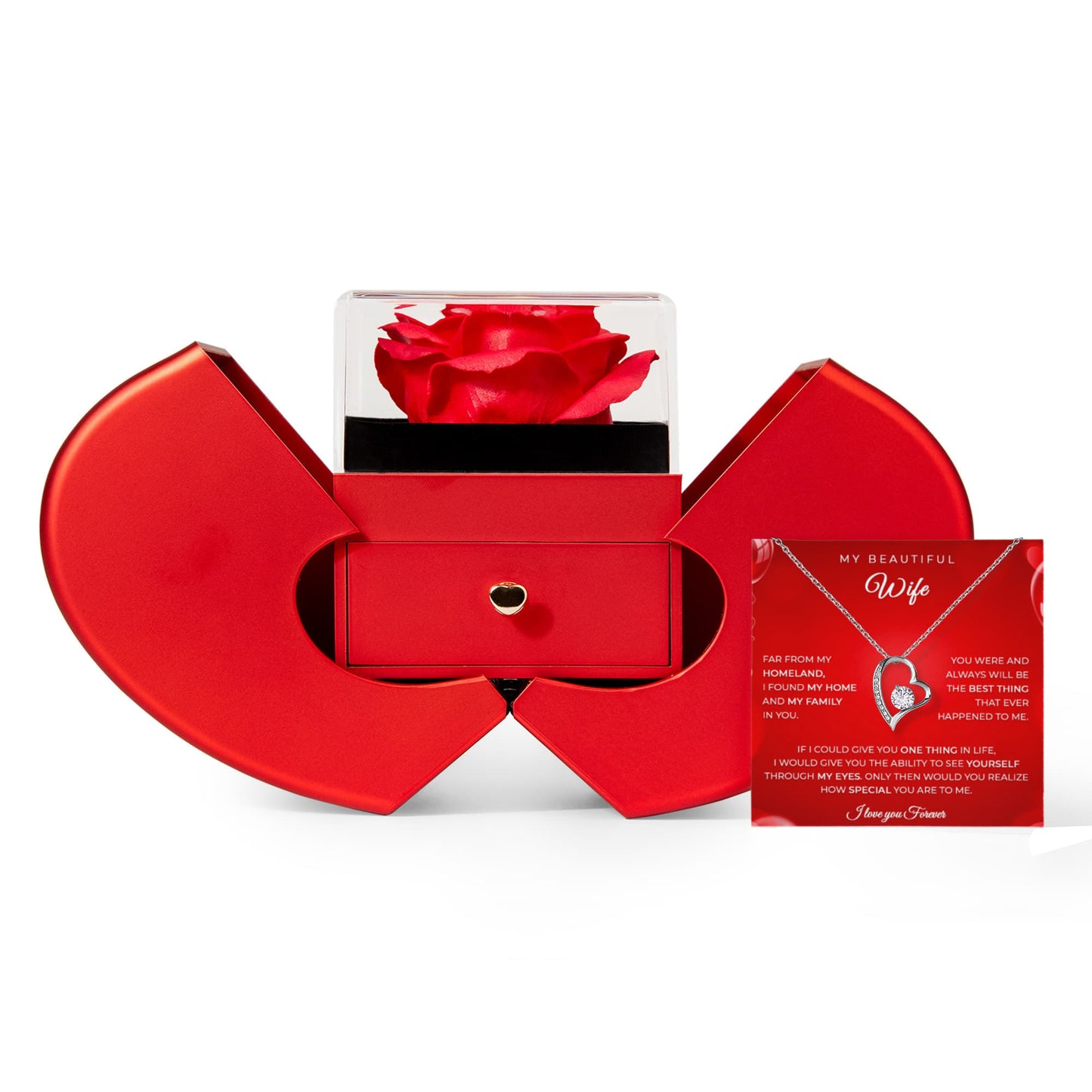 Husband to Wife Gift – Heart Necklace with Red Rose Heart Box