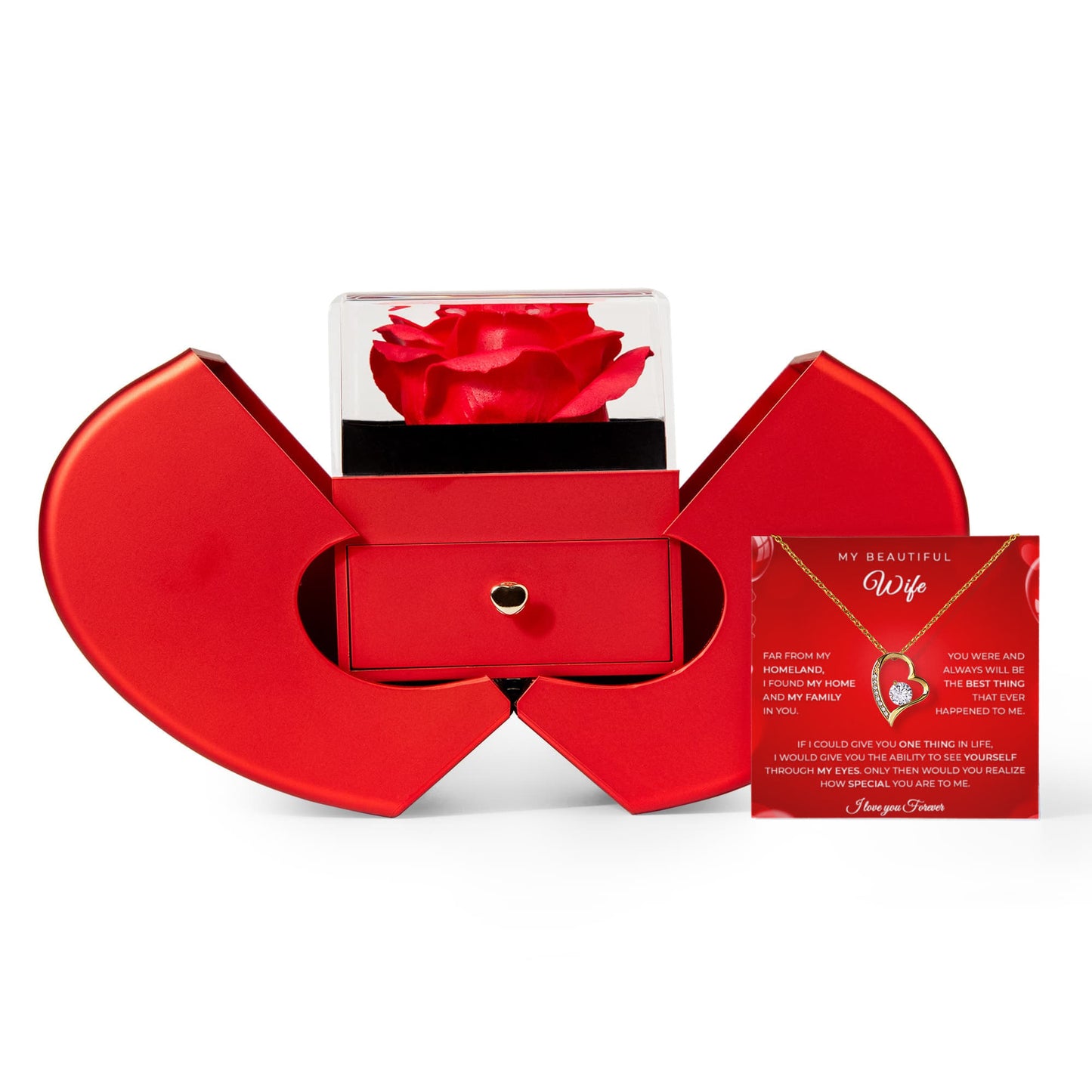 Husband to Wife Gift – Heart Necklace with Red Rose Heart Box