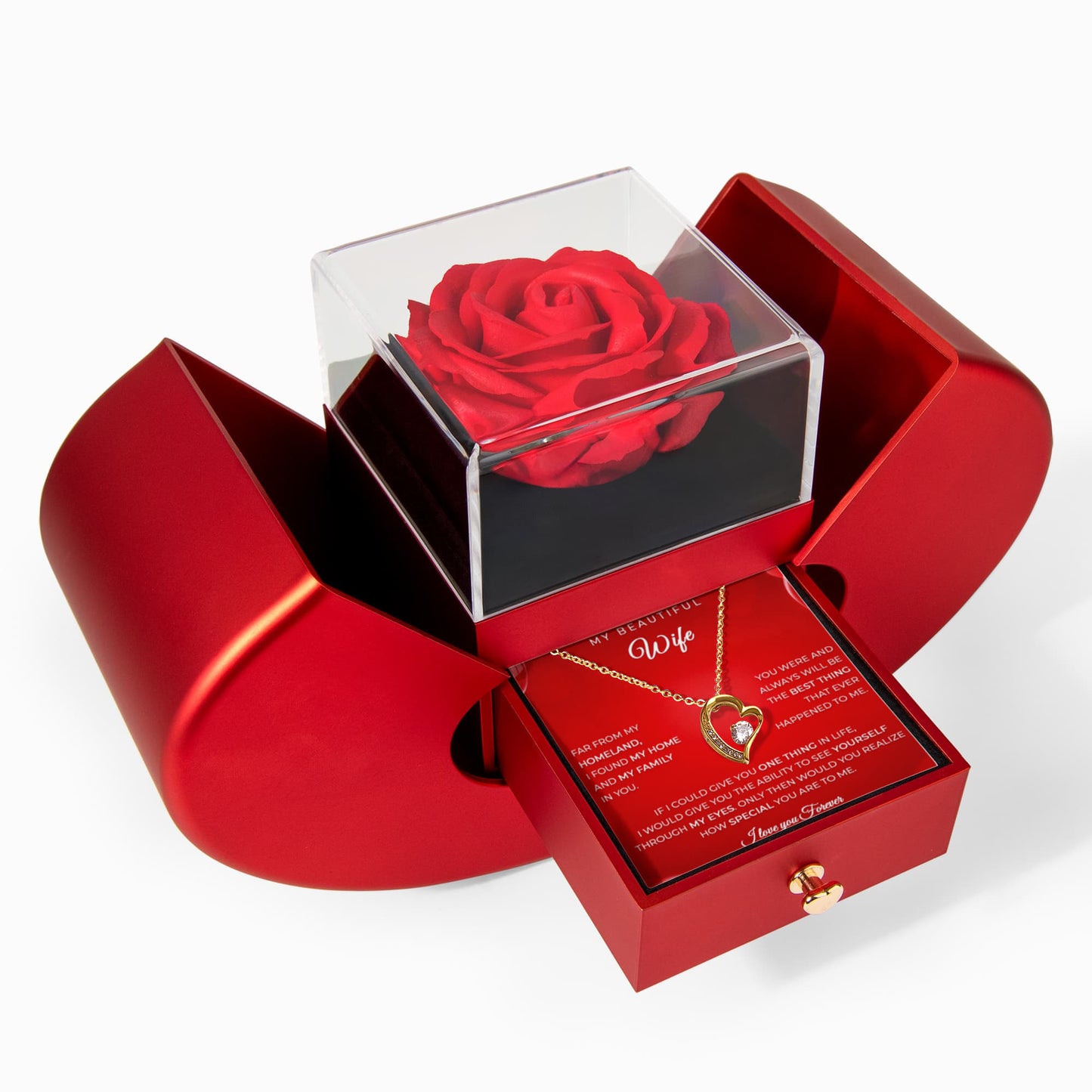 Husband to Wife Gift – Heart Necklace with Red Rose Heart Box