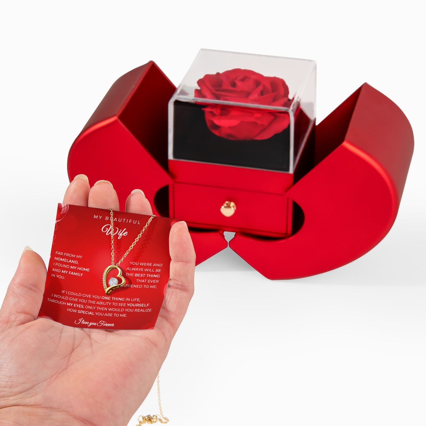 Husband to Wife Gift – Heart Necklace with Red Rose Heart Box